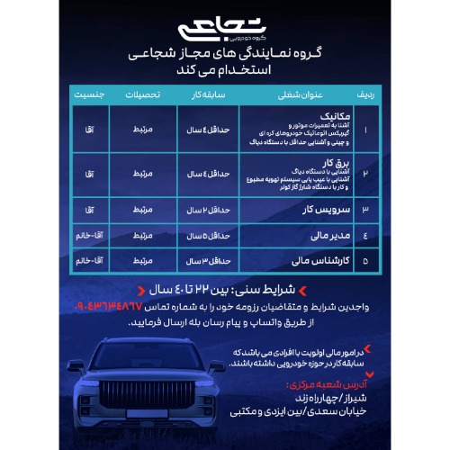 دعوت به همکاری در گروه نمایندگی‌های مجاز شجاعی