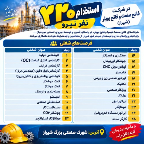 استخدام ۲۲۰ نفر نیرو در شرکت فاتح صنعت و فاتح بویلر (شیراز)